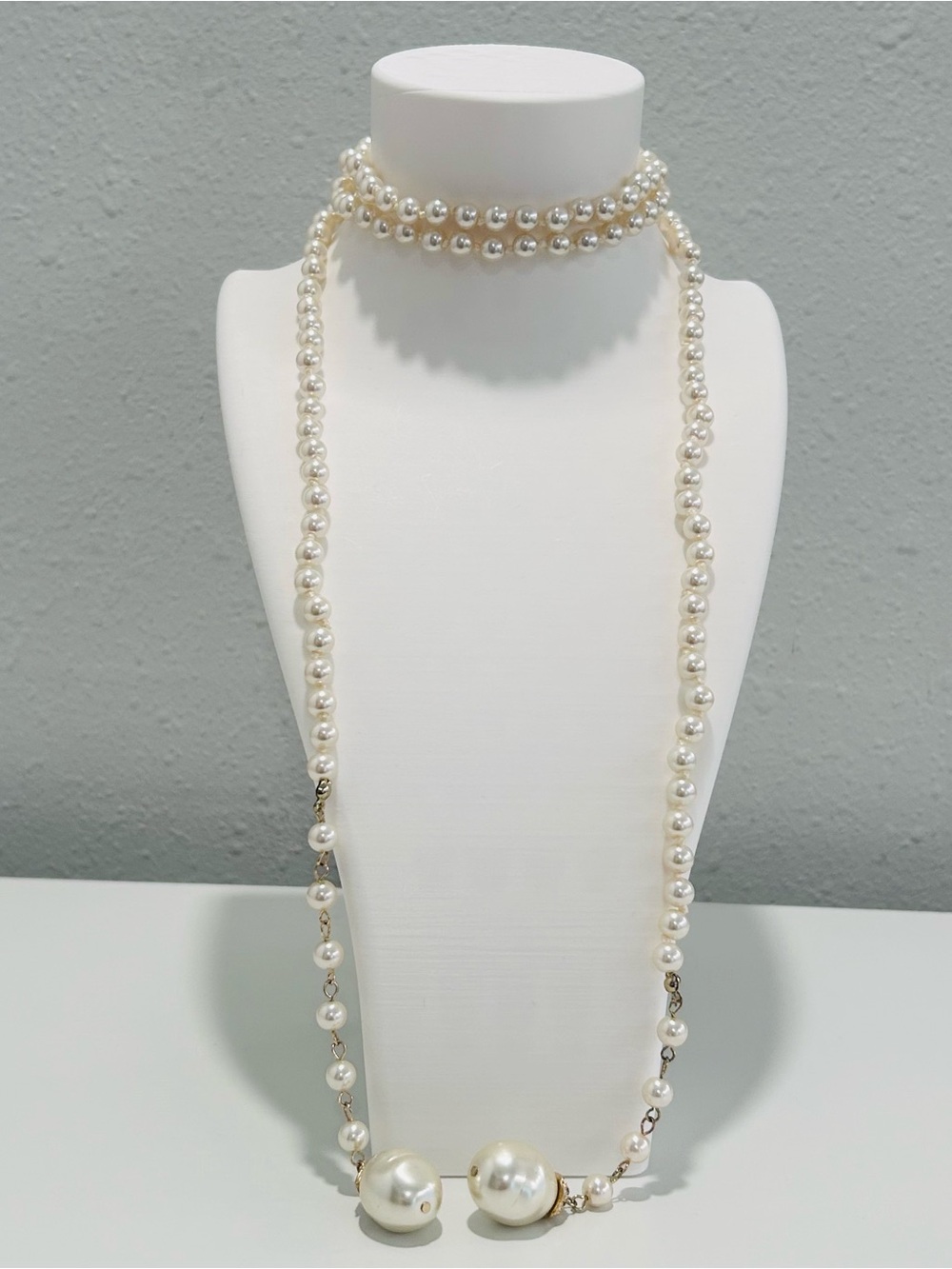 Long Faux Pearl Self Tie Lariat Necklace Faux Crystals Faux Baroque Pearls 44"